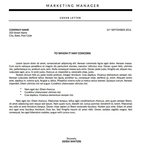 cover letter template titled Derek Winters