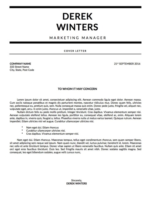 cover letter template titled Derek Winters