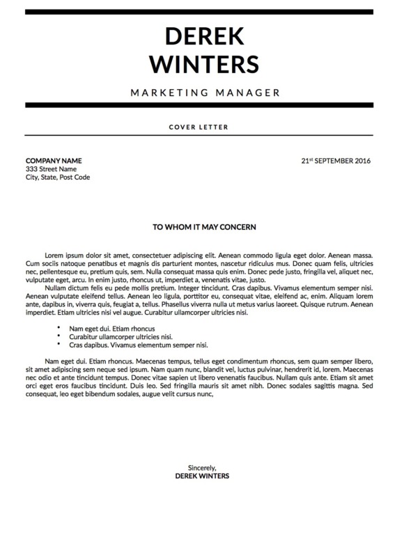 cover letter template titled Derek Winters