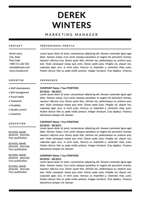 Derek Winters monochrome resume template page 1