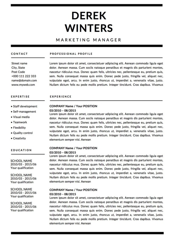 Derek Winters monochrome resume template page 1