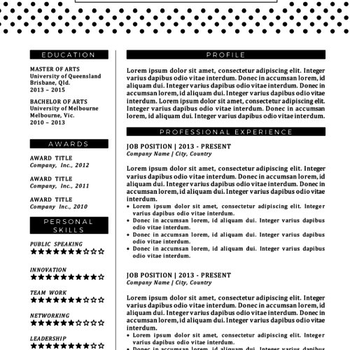 polka dotted black and white resume template