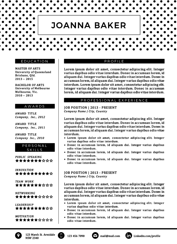 polka dotted black and white resume template