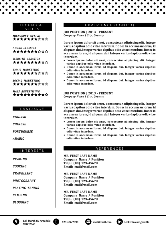 long resume template with second page for more details